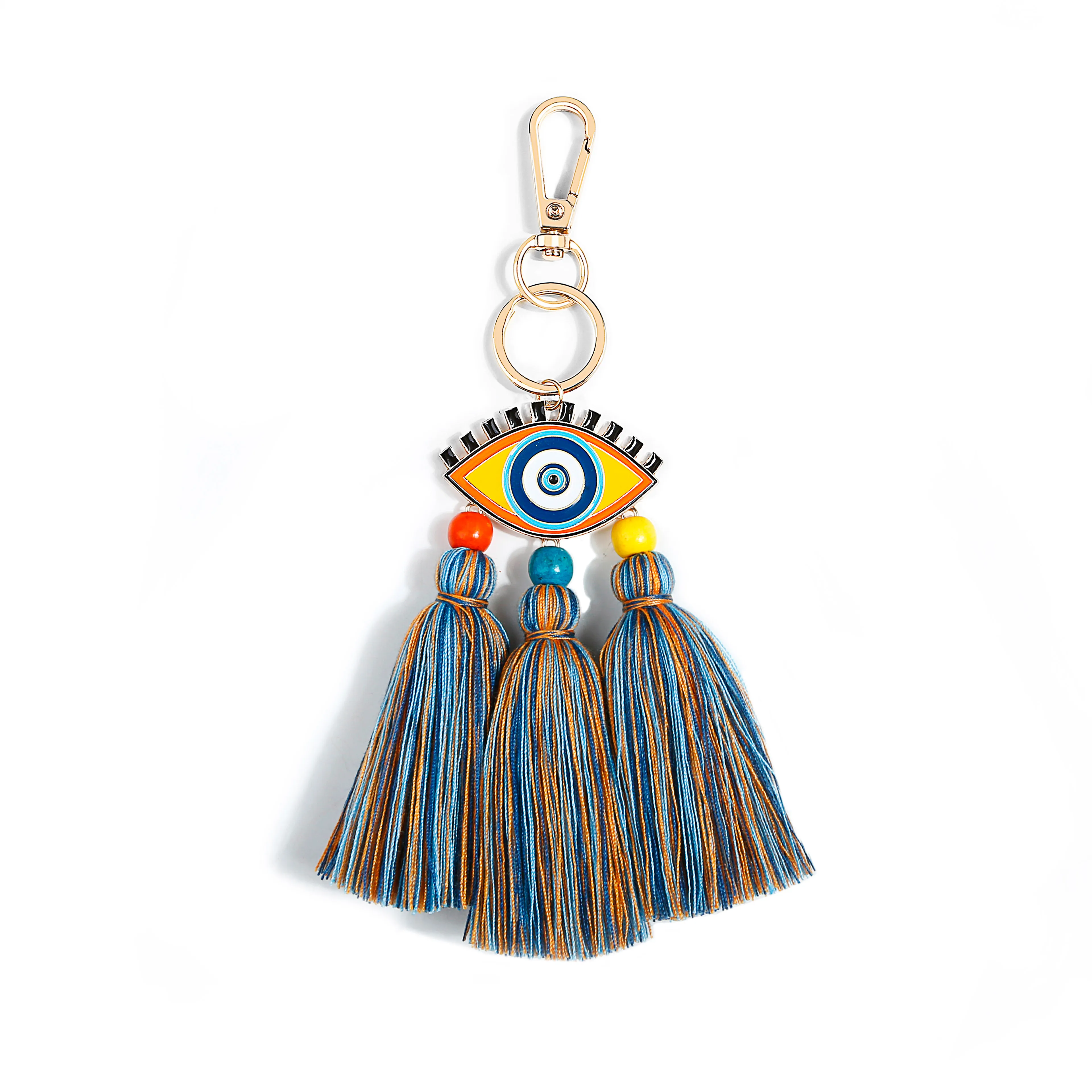  New design fashion personalized enamel devil eye 100% cotton tassel macrame keychain bag charm for