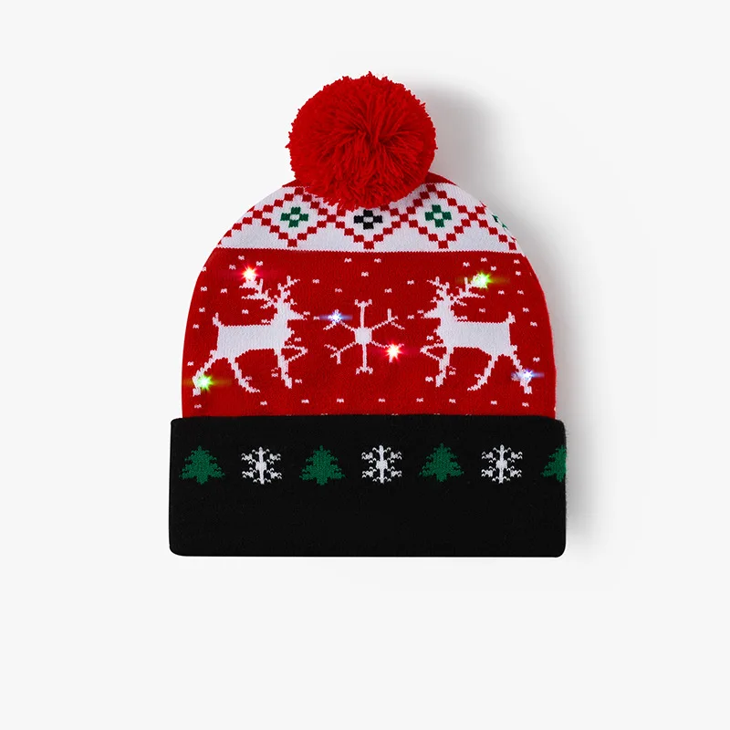 Wholesale  winter New Year LED Knitted Christmas Hat Beanie Light Up Illuminate Warm Hat For Kids Adults New Year Christmas