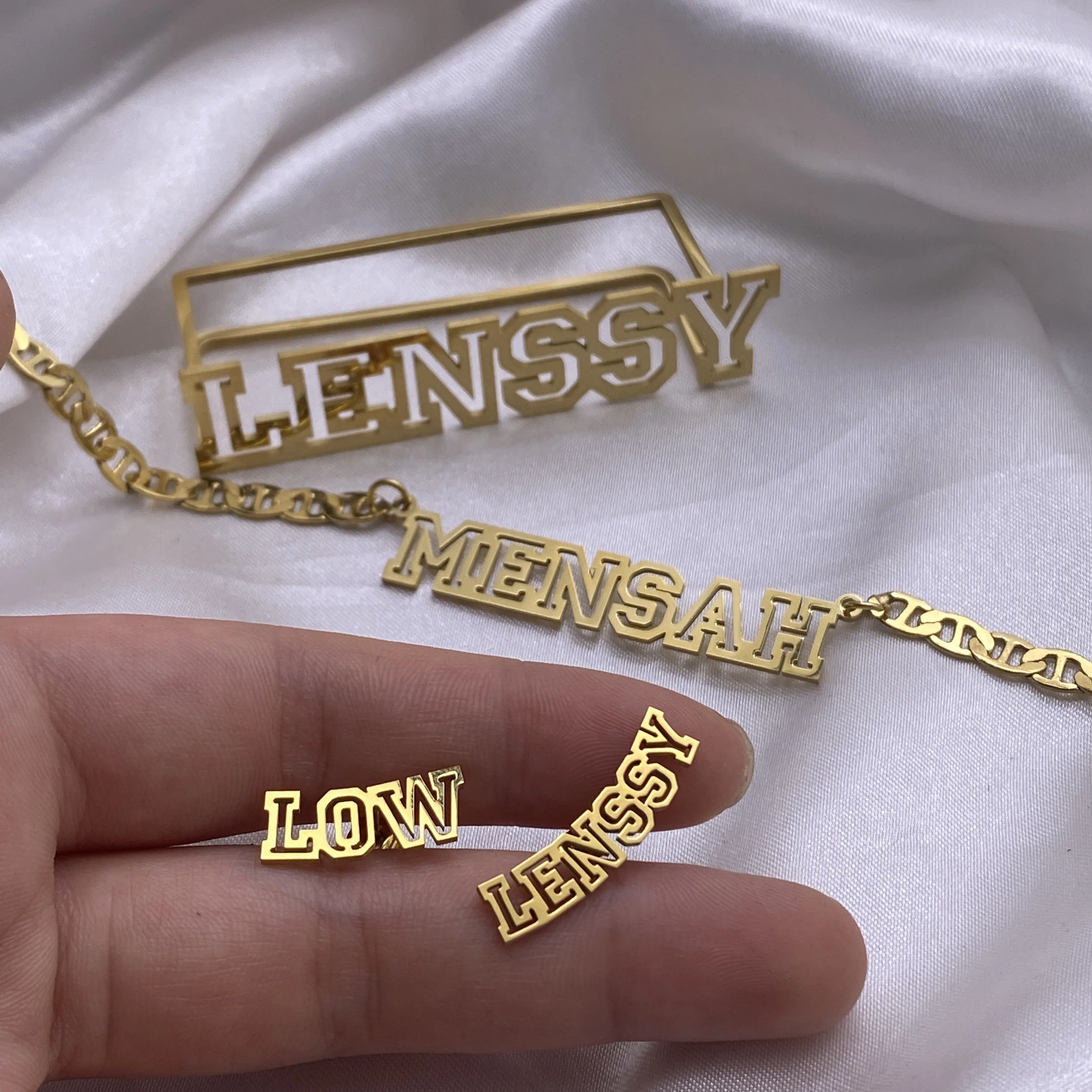 Custom Name Jewelry Sets Women Personalized Flat Chain Necklace Nameplate Three Finger Ring Earrings Stainless Steel Jewelry Set