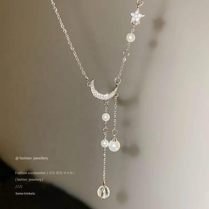 Stainless Steel 316L platinum plated chokers Necklace Fashion Ladies shiny crescent moon stars with pearls party Necklace Gift
