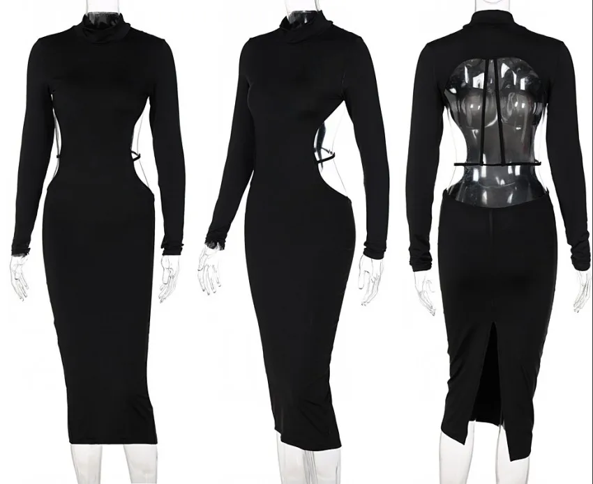 Backless Long Sleeve Bodycon Dresses Women Elegant Black Cut Out Sexy Party Club Wrap Midi Dress Autumn Wholesale Items C14356