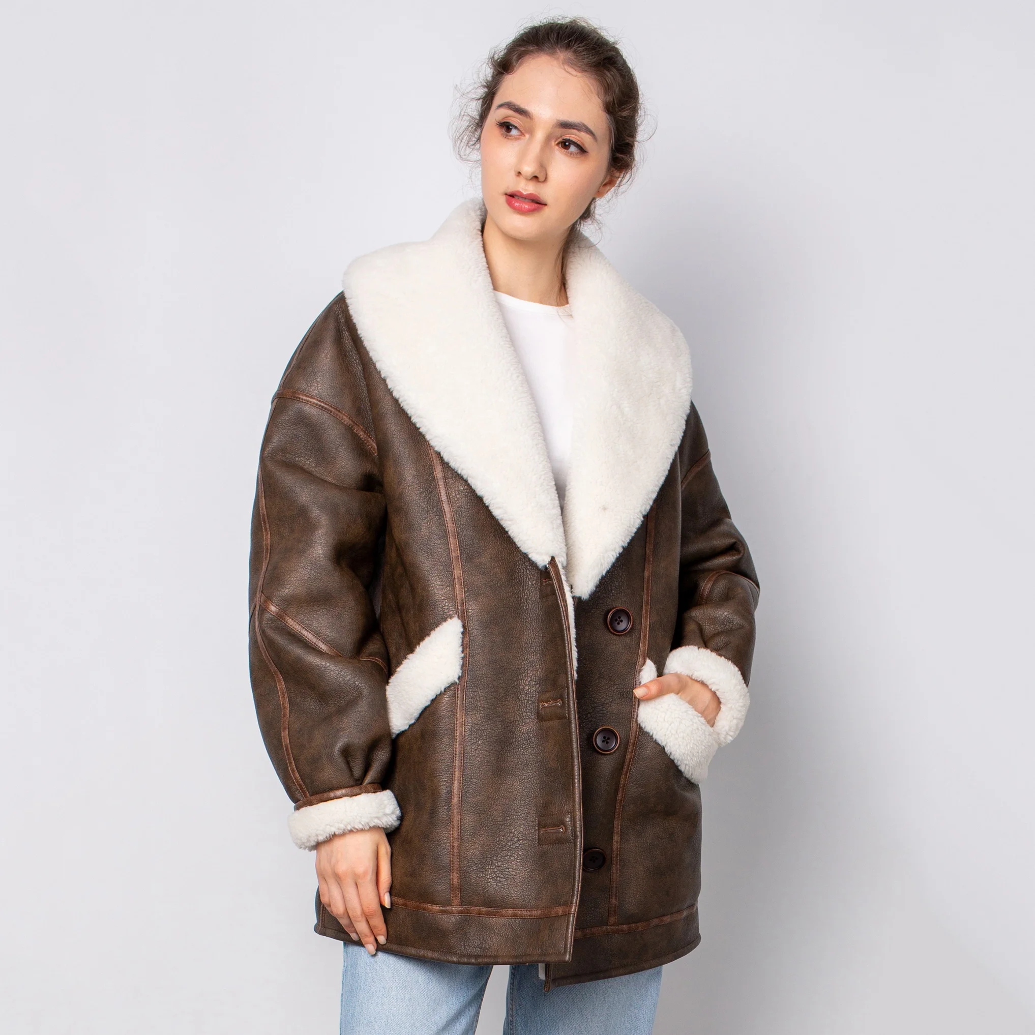 OEM Sheepskin Shearling Leather Jacket Raf Aviator Fighter Pilots Winter inner Fur Shearling Jacket For Women
