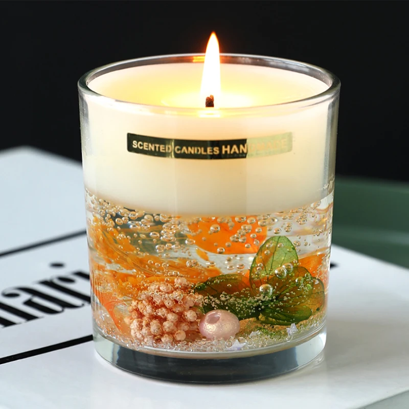 Custom home decoration Wholesale Luxury New Design Dry Flower Glass Jar Scented Soy Gel Wax Candle
