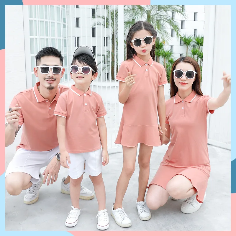 
2019 Summer New Design Solid Color Polo T-shirt Women Dress Family Matching Clothing Set 