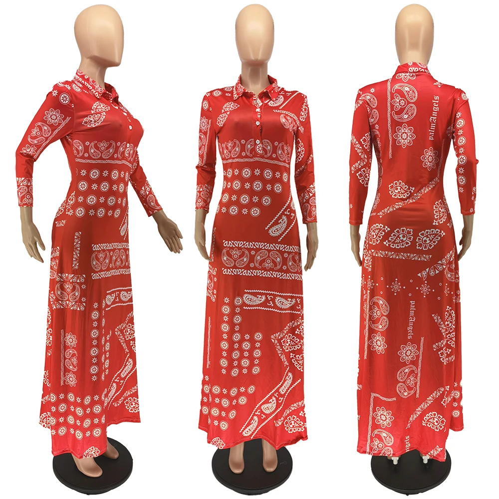 2022 Hot Sell Spring Summer Dresses Women Elegant Casual Bandana Floral Print Dress Long Sleeve Fit and Flare Boho Maxi Dress