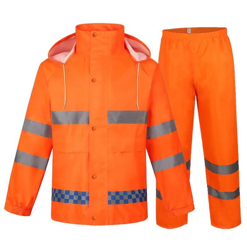 Safety Polyester Waterproof raincoat with Pants OEM custom logo raincoats suit trousers reflective jacket workwear uniform