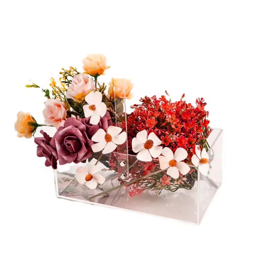 Manufacturer OEM Transparent Wedding Table Decoration Clear Acrylic Flower Basket Box with Handles acrylic vases