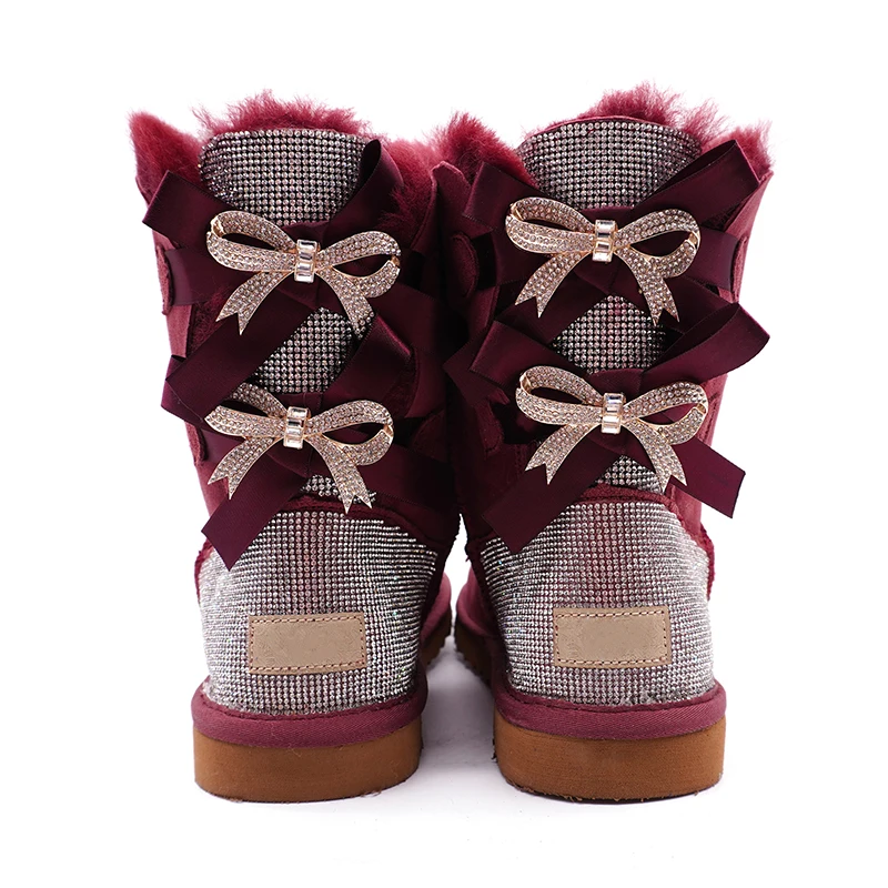 Wholesale fashion rhinestones bling bling winter fur snow boots women with 2 bows