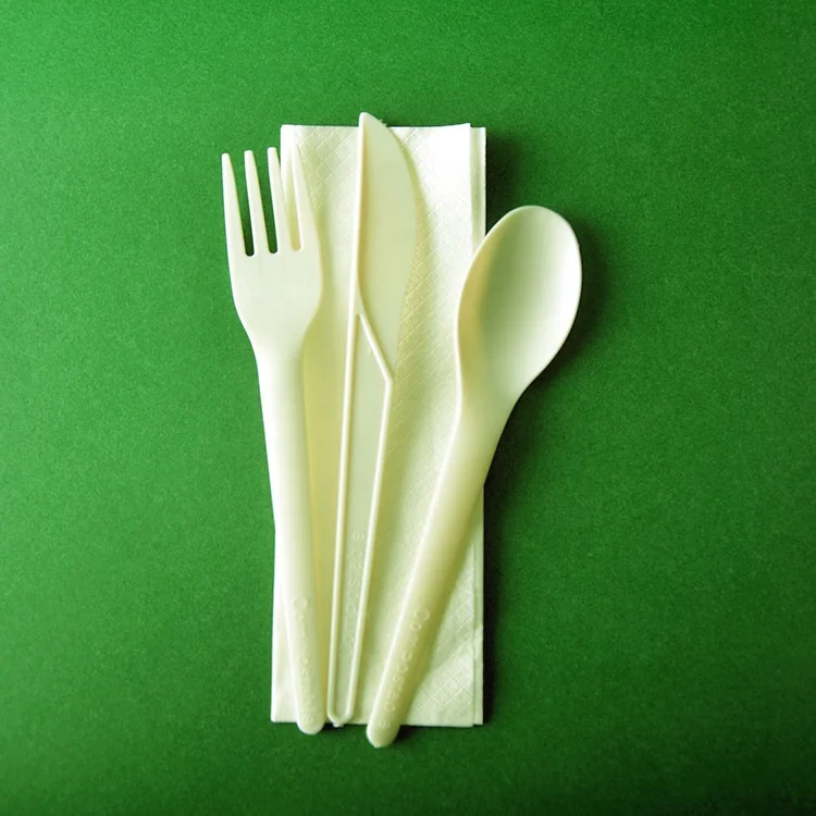 CPLA Polylactic Acid cutlery set with PLA wrap knife fork spoon napkin all in one 100% compostable biodegradable