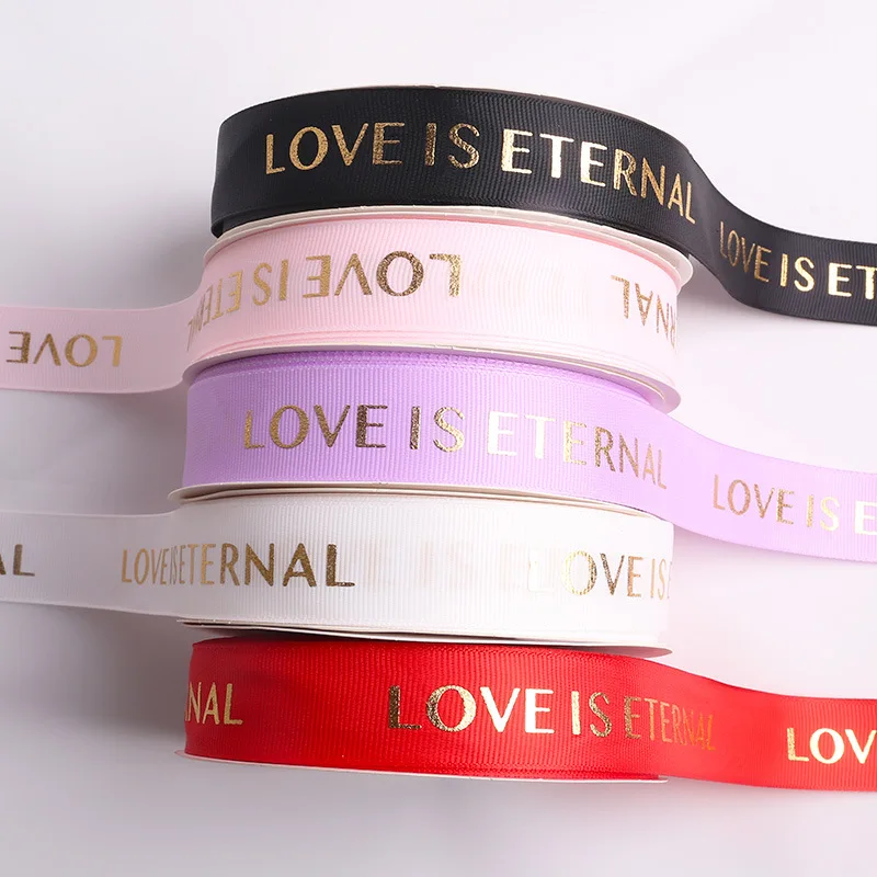 Love is eternal custom gift flower cake package ribbon ,  1inch 25mm customized brand artwork gold foil logo printed ribbon