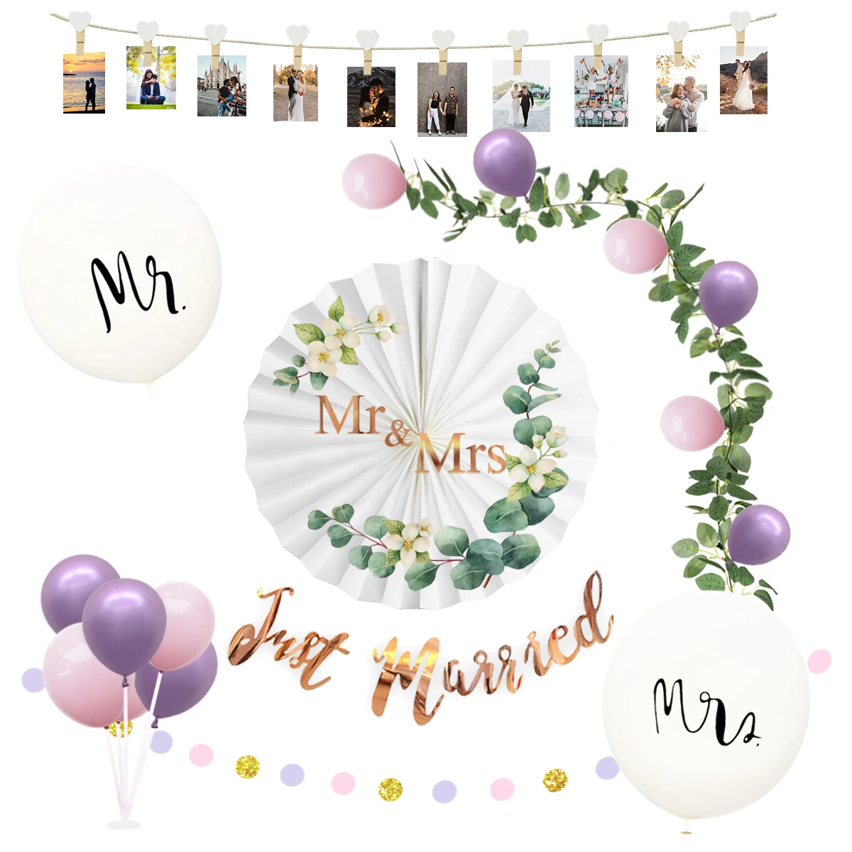 Nicro Wedding Theme Party Decoration Just Married Banner Latex Balloon Paper Fan Wooden Photo Clip String Wedding Party Supplies