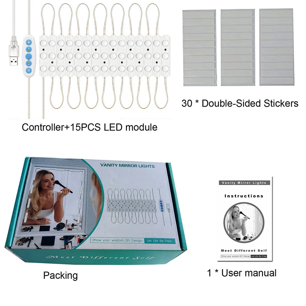 New 10 Bulbs 5 Color Hollywood Style LED Makeup USB Dimmable Vanity Mirror Lights Kit for Dressing Room