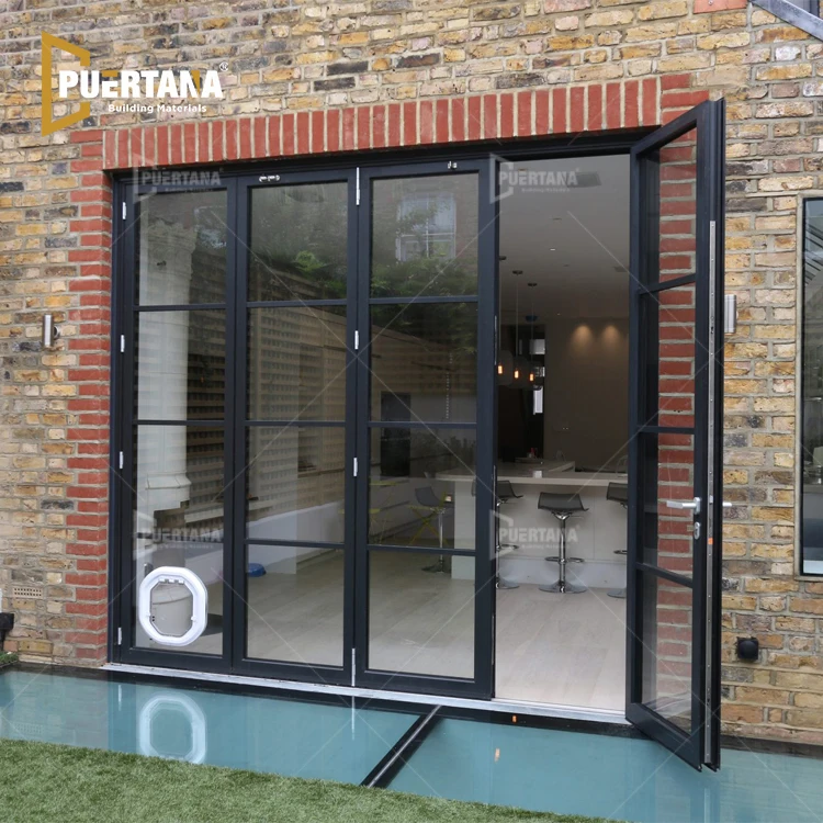 Steel Look Aluminium Tempered Glass Front Accordion Folding Door Exterior House  Aluminum Bifolding Patio Door