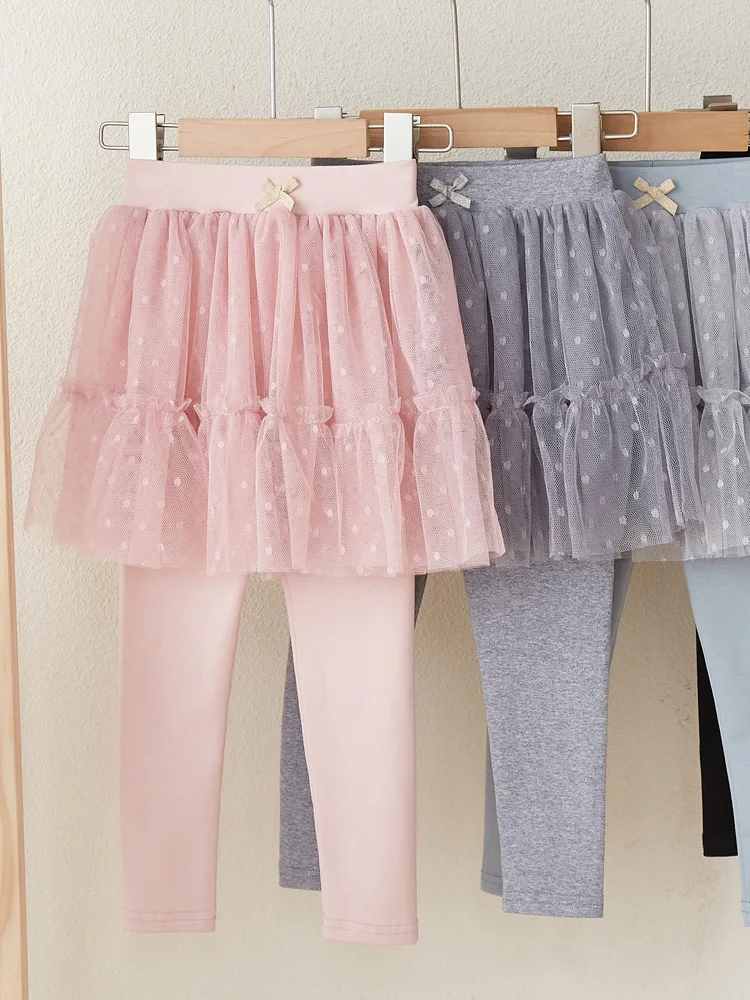 Spring Autumn Girls Cotton Pants Kid Lace Sequins Skirt Leggings Fashion Children Long Skinny Elastic Trousers