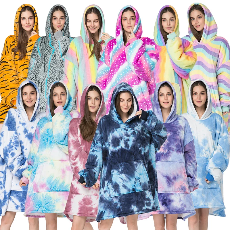 Wholesale Custom hooded flannel sherpa customize oversize sweatshirt wearable TV hoodie blanket