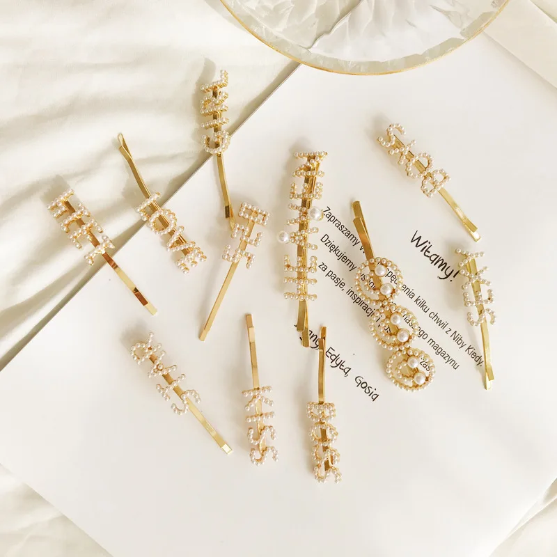 Fashion customizable letter pearl hair pin smiley face LOVE BOYS GIRL KISS 520 hairpin word clip bangs clip wholesale