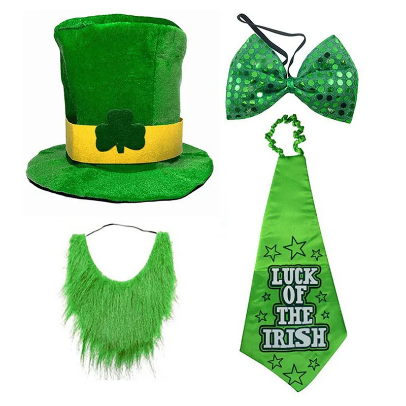 Factory Direct Irish Day Green Shamrock Hat Mustache St. Patricks Day Neck Bow Tie