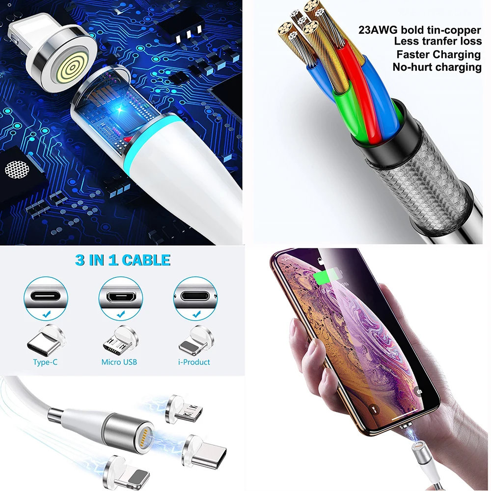 USB Charging Cord Self-winding Coiled 360 3A Charger 3 In 1 Magnetic Usb cable