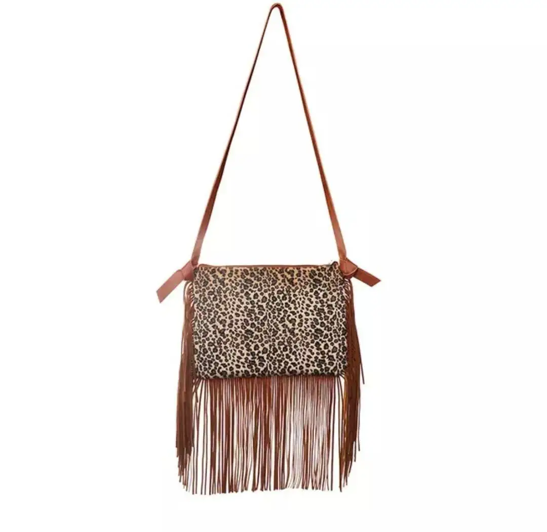 Trendy Women Western Faux Fur Sunflower Suede Serape Leopard Fringe Crossbody Clutch Bag