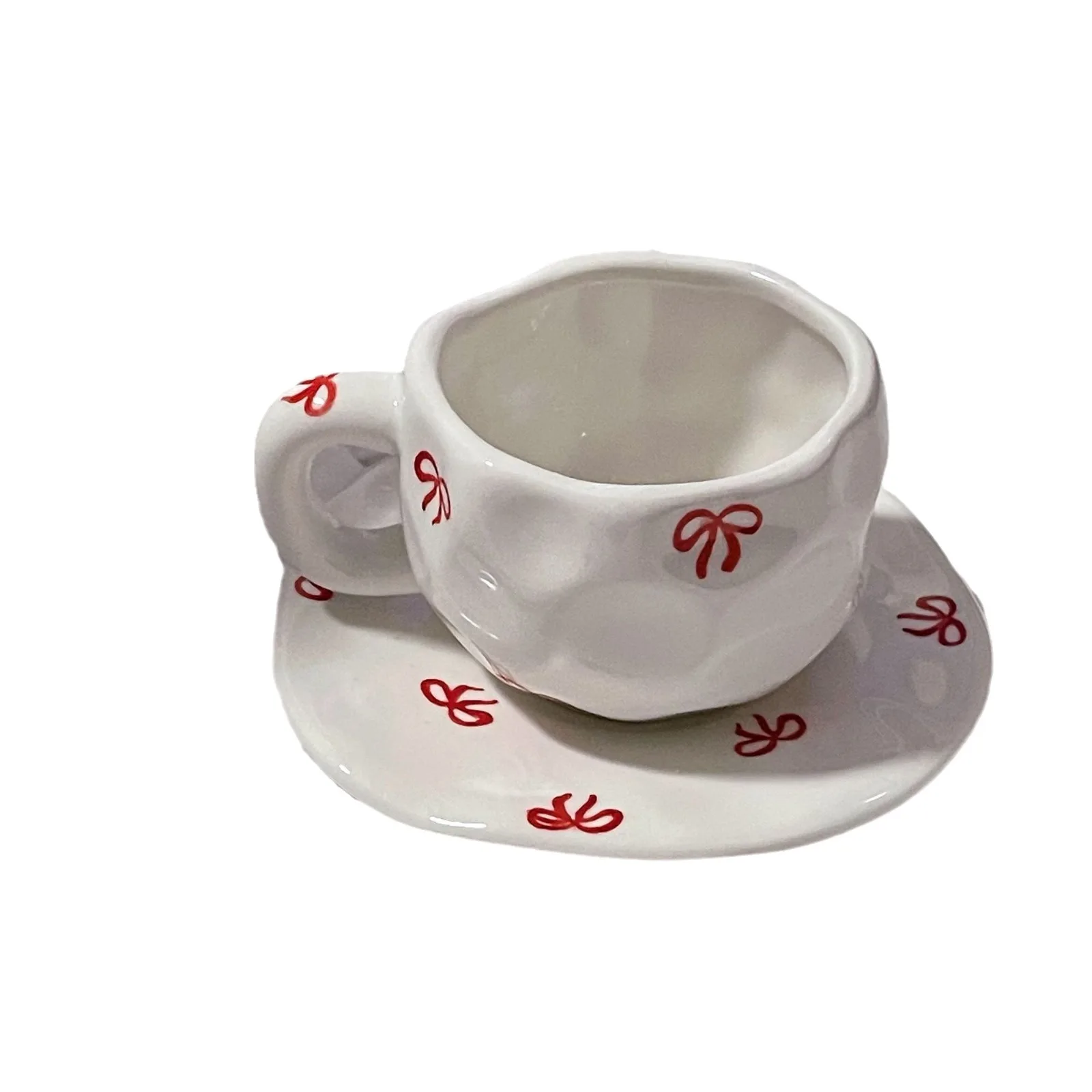 Cute Handmade Ceramic Bow Cup With Saucer Gift Mug