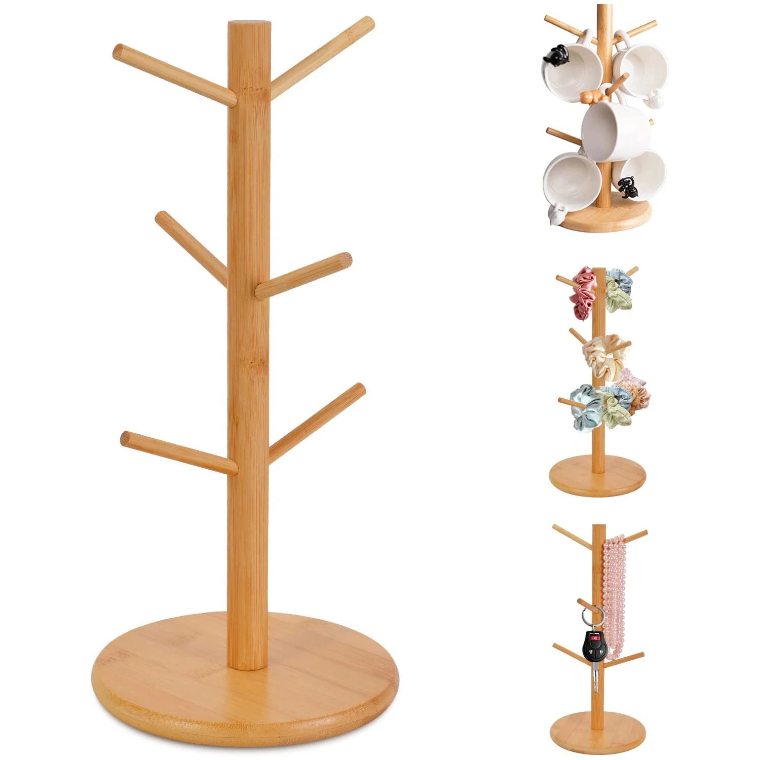 Single-Tier Bamboo Wood Cup Stand for Coffee Beer Tea with Tree Design for Glass Mugs Wood Mug Holder