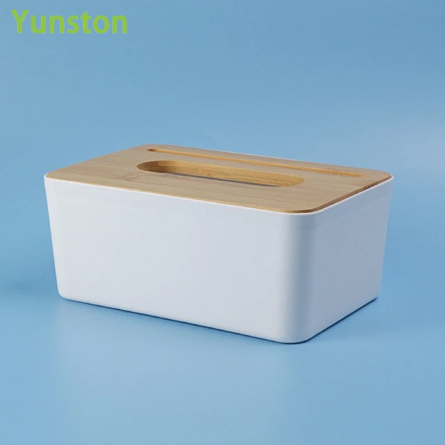 Plastic tissue box with phone holder Rectangular tissue box with wooden lid Plastic napkin boxes with custom patterns