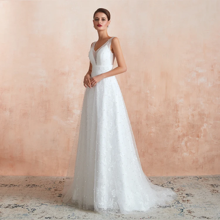 2022  Ladies Evening Fashion A-Line Backless Pearl White Bridal Wedding Dresses