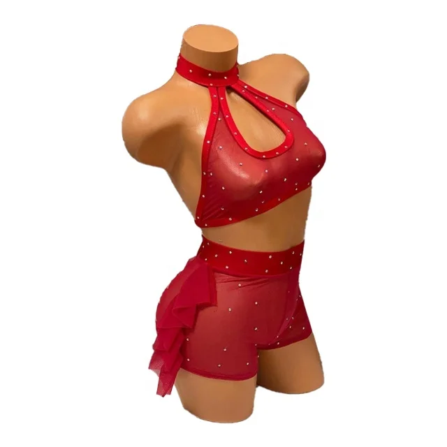 Wholesale Red Rhinestone Gauze Exotic Dance Wear Factory Production Stripper Outfits