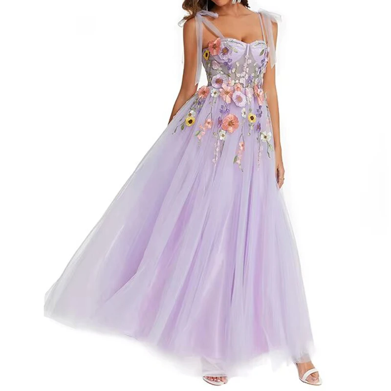 Sexy pretty Evening dress Sleeveless Spaghetti Strap Floral Embroidered Party Gown Tulle Lavender Prom Dress