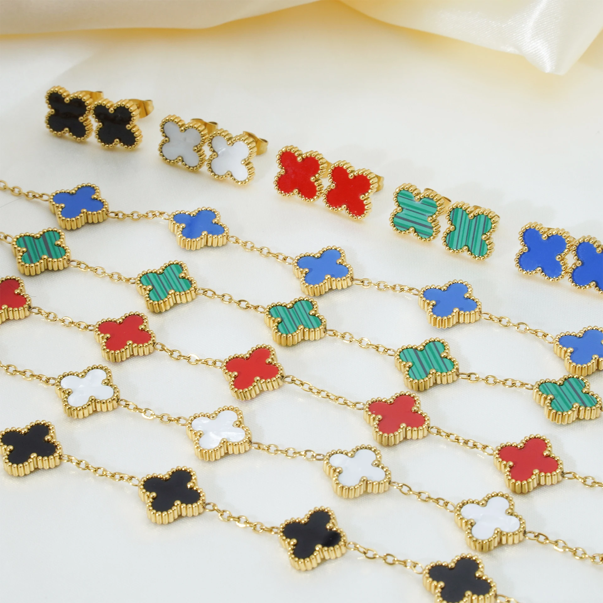 Non Tarnish 18K Gold Plated Stainless Steel 13mm Lucky Four Leaf Clover Earrings Bracelet Necklace Jewelry Set For Women