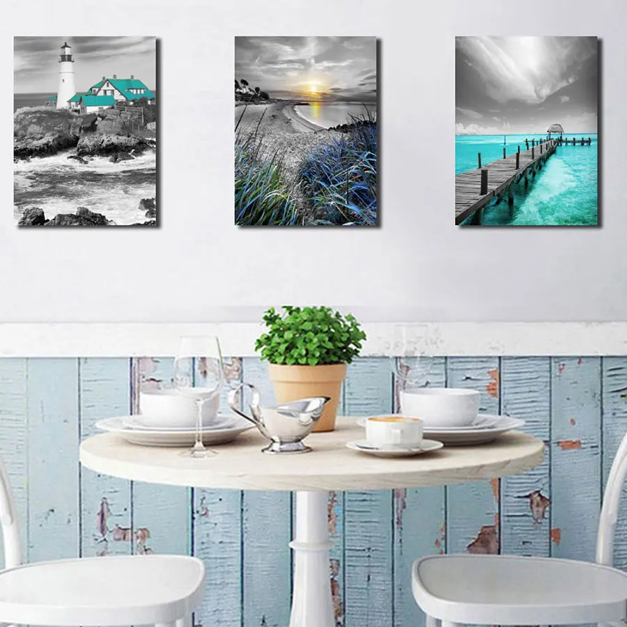 Original Art Modern 3pcs Seascape Lighthouse Canvas Print Painting OEM&ODM Oil Medium for Home Decor