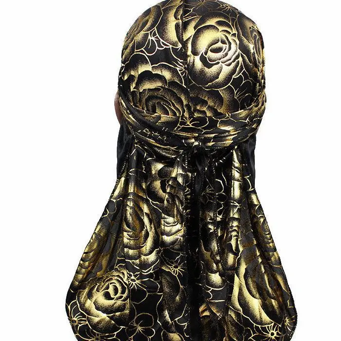 Silky Durag Turban Hat Bandanas Rose Floral Print Men Satin DuragS Long Straps DuRag for Wave