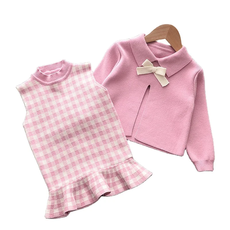 Cute Design Sleeveless Ruffled 2 Piece Set 1-6 Years Old Girls Sweater Dress Kids Clothing Sets