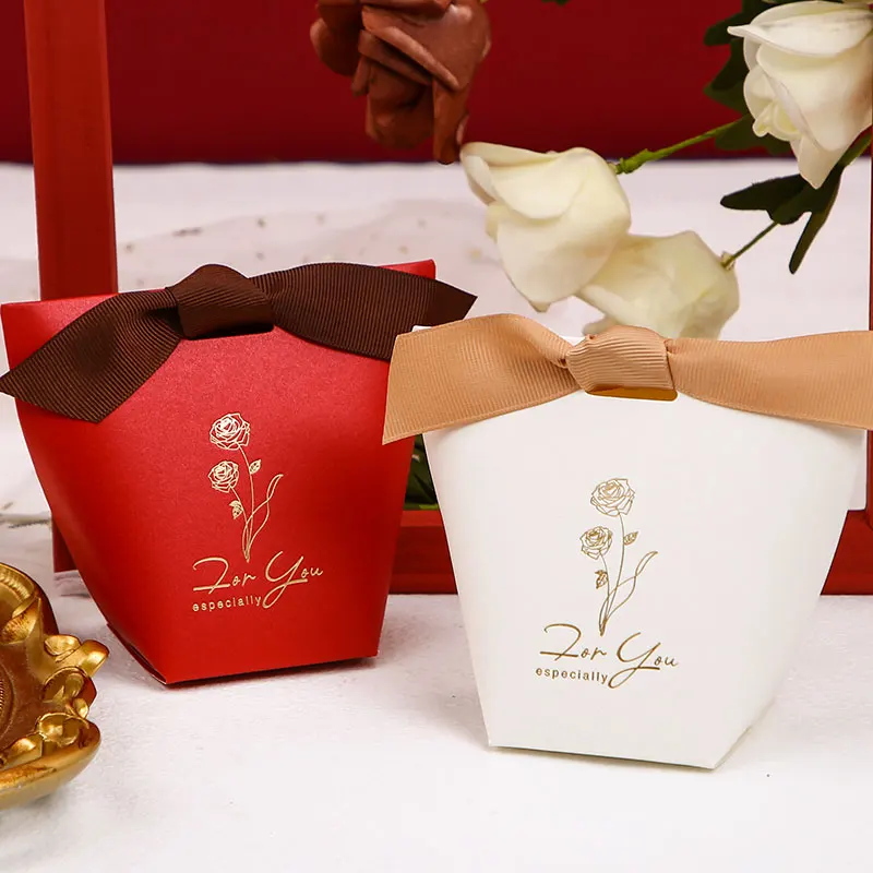 Hot Sell Folding chocolate Present White Packaging Thank You Wedding favor Small gift Ribbon bow paper Box