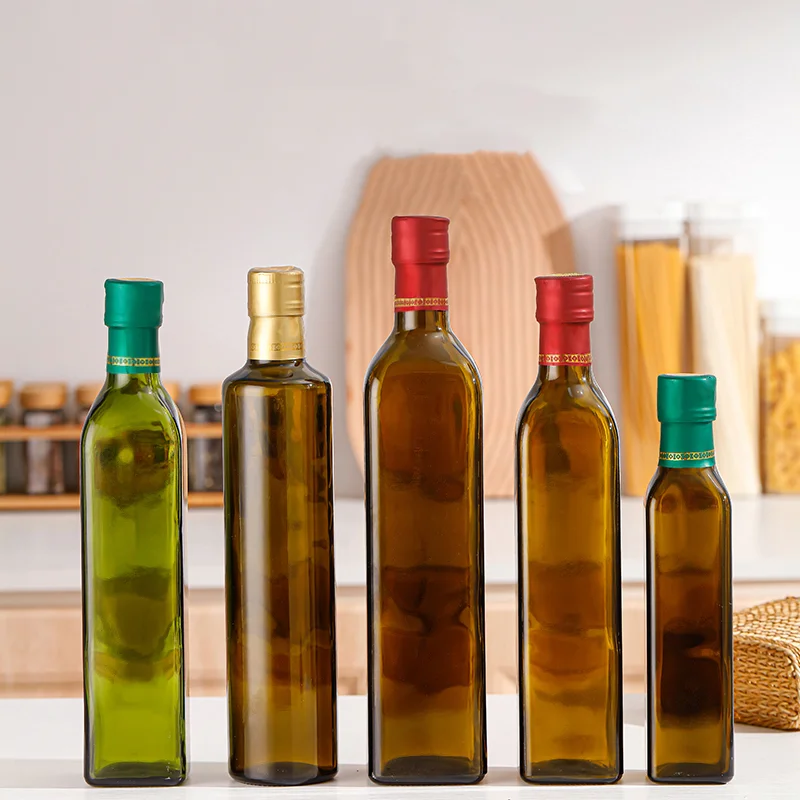 square Cooking Oil Bottles Amber Green clear Glass Olive Bottle With Screw Cap 100/250/500/750/1000ml