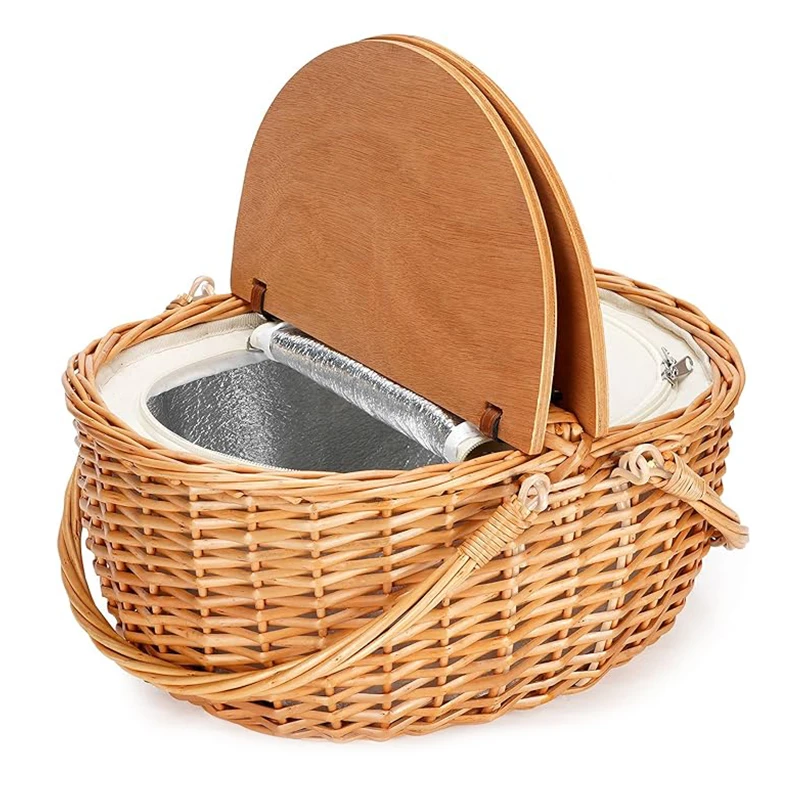 BR Round Wicker Baguette Rattan Basket Food Bread Cane Beer Storage Baskets w Insulated Cooler for Picnic Camping Beach Outdoor