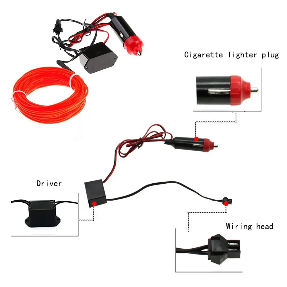 Car Interior strip light Decorative 10 colors orange blue red 3M el wire neon with cigarette lighter inverter
