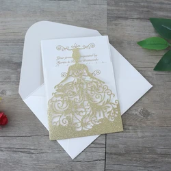 Оптовая продажа, золотистые блестящие бумажные свадебные приглашения с конвертом, печатная поздравительная открытка на заказ