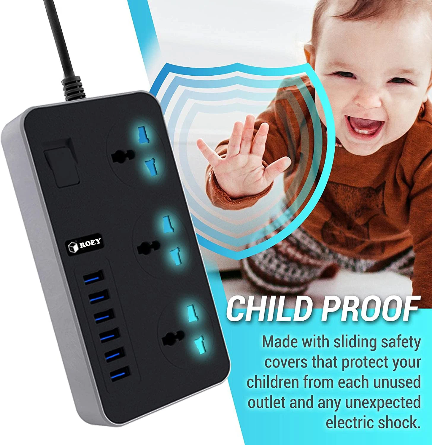 Universal Extension Lead with 6 USB Ports/2 Meter Cable Power Strip Surge Protector/3 Way Gang Power Socket