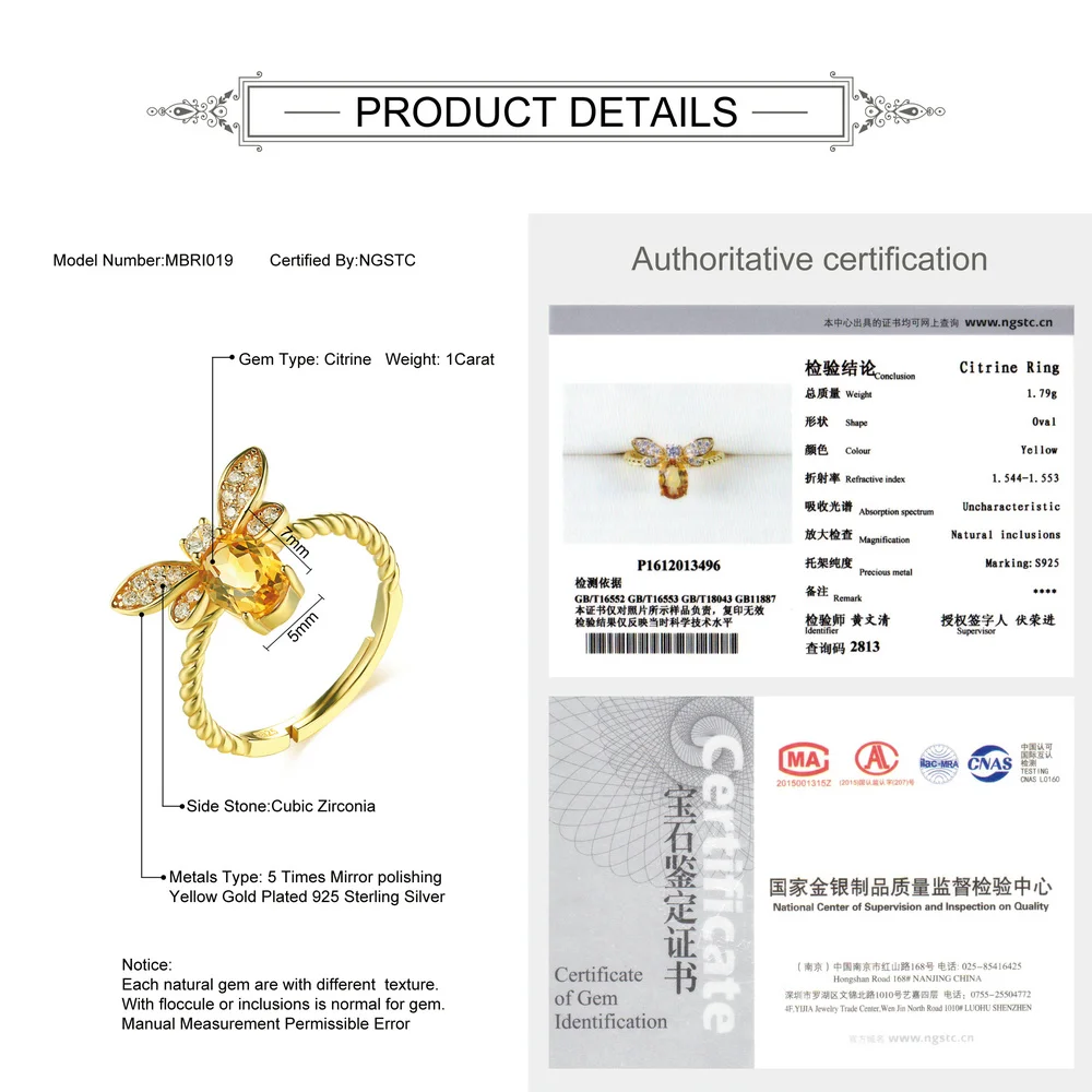 
Adjustable 14k Gold Plated 925 Sterling Silver Jewelry Bee Shape Citrine Ring For Women RI019 