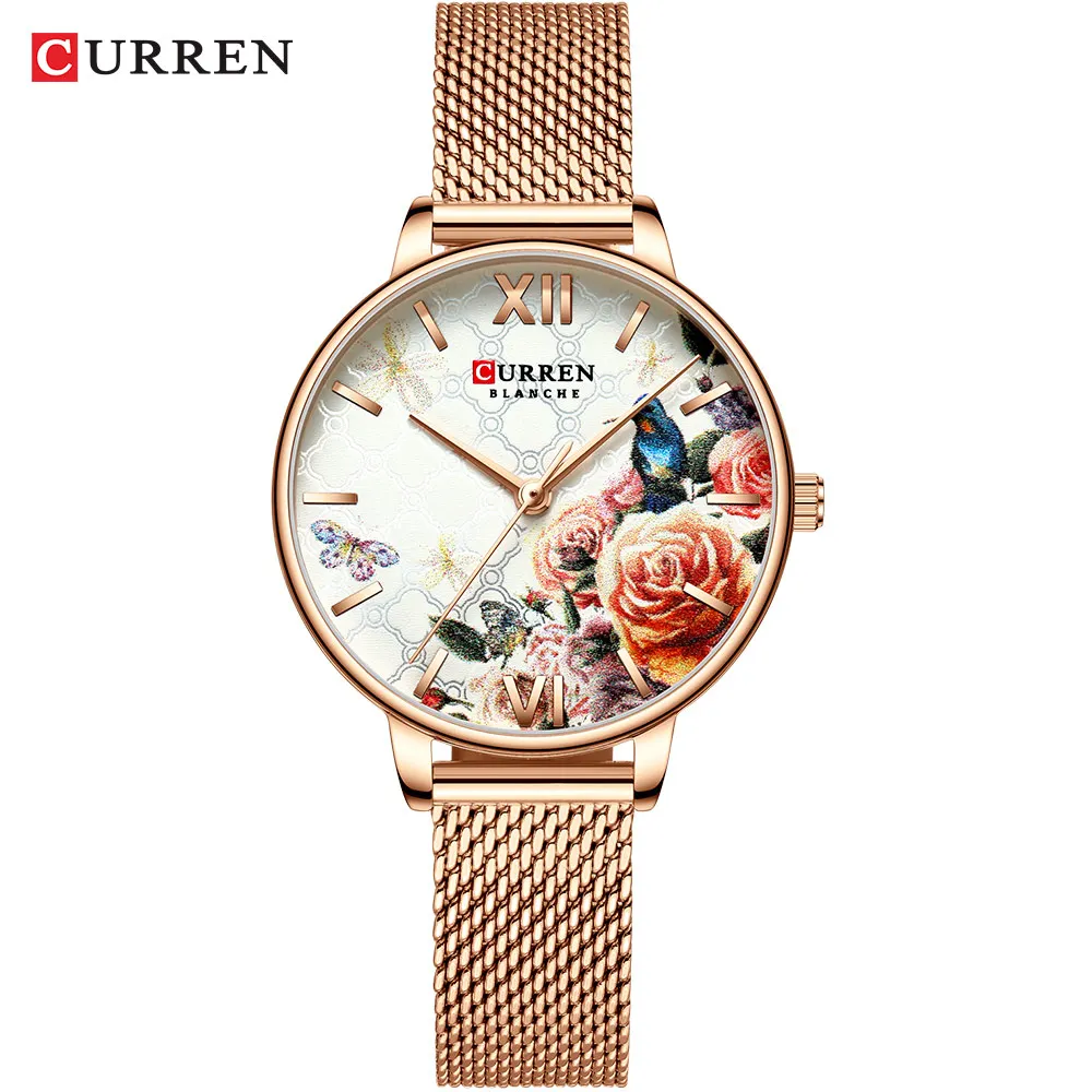 CURREN 9060 цветочный дизайн часы женские модные повседневные кожаные Наручные кварцевые