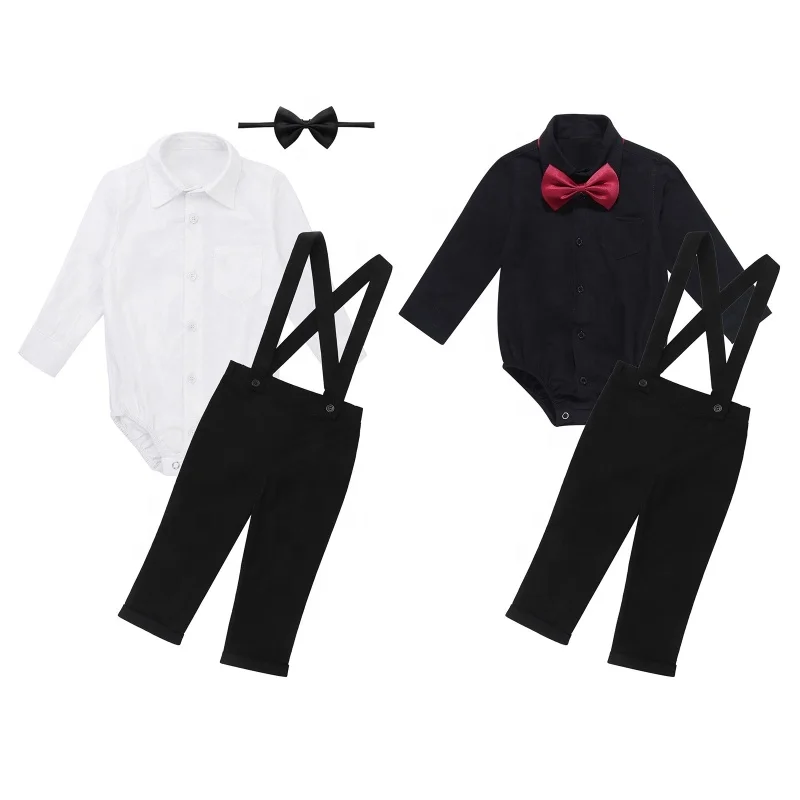 
Infant Baby Boys Formal Gentleman Shirt Romper Bow Tie and Suspender Pants 