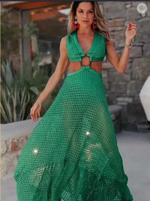 Women 2021 Plus Size 3XL Grid Swing Dress Sexy Fishnet Low Neck Halter Twist Bandage Cut-out Waist Back Zip Long Dress Clubwear