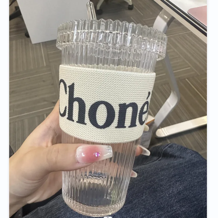 Ribbed Vertical Stripes 375ml  Glass Coffee Mug Drink Cup with Handle and lid For Coffee Ice Drinking Glasses