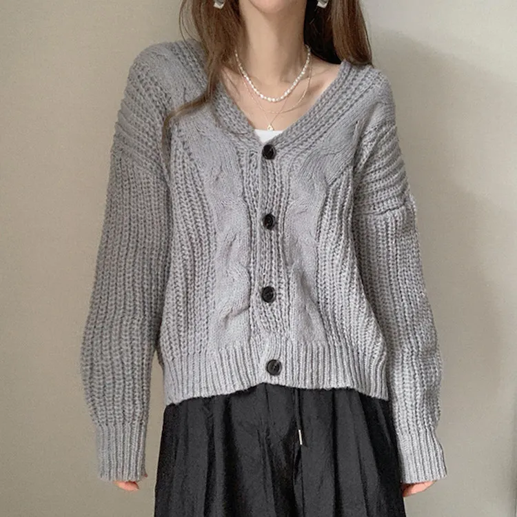 Factory Price Fall Cable Knit Cardigan Women Retro Twist Buttons Pullovers Lazy Winter Coat Plain Knitted Cardigans For women