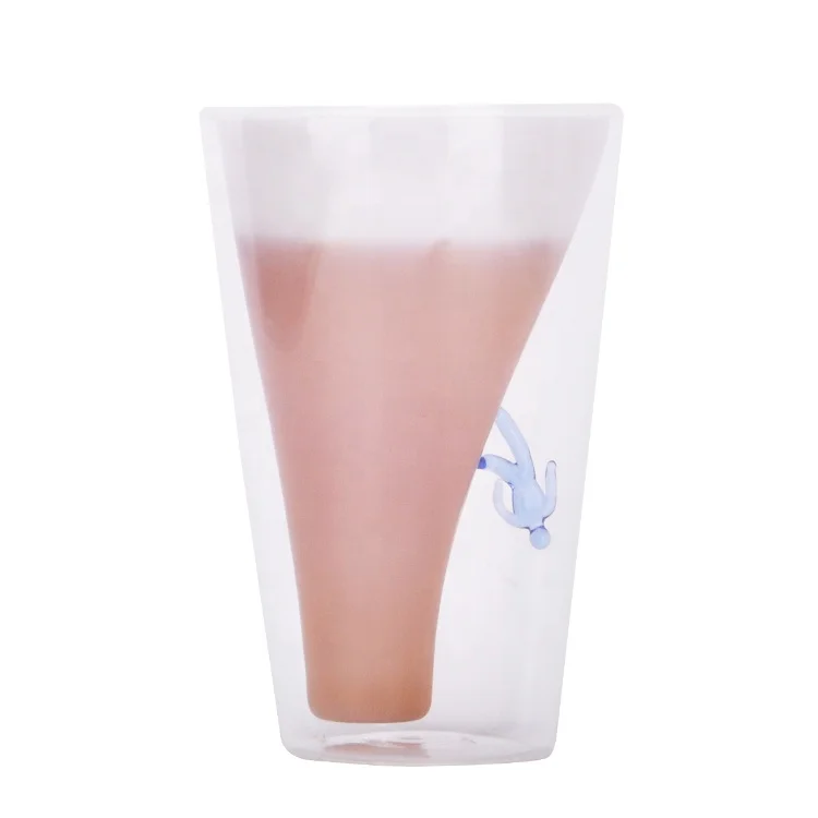 
New Design Double Wall Insulated High Borosilicate Coffee Glass Mug with ski cartoon figure 