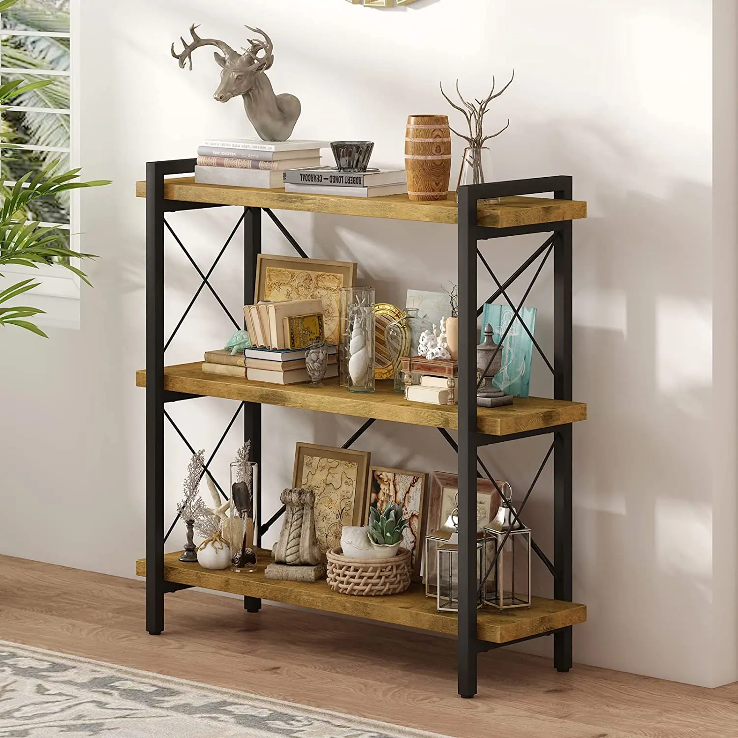 Modern furniture 3 Layers Metal Bookcases Rustic Industrial Bookshelf Ladder Book Shelf Wooden For Living Room