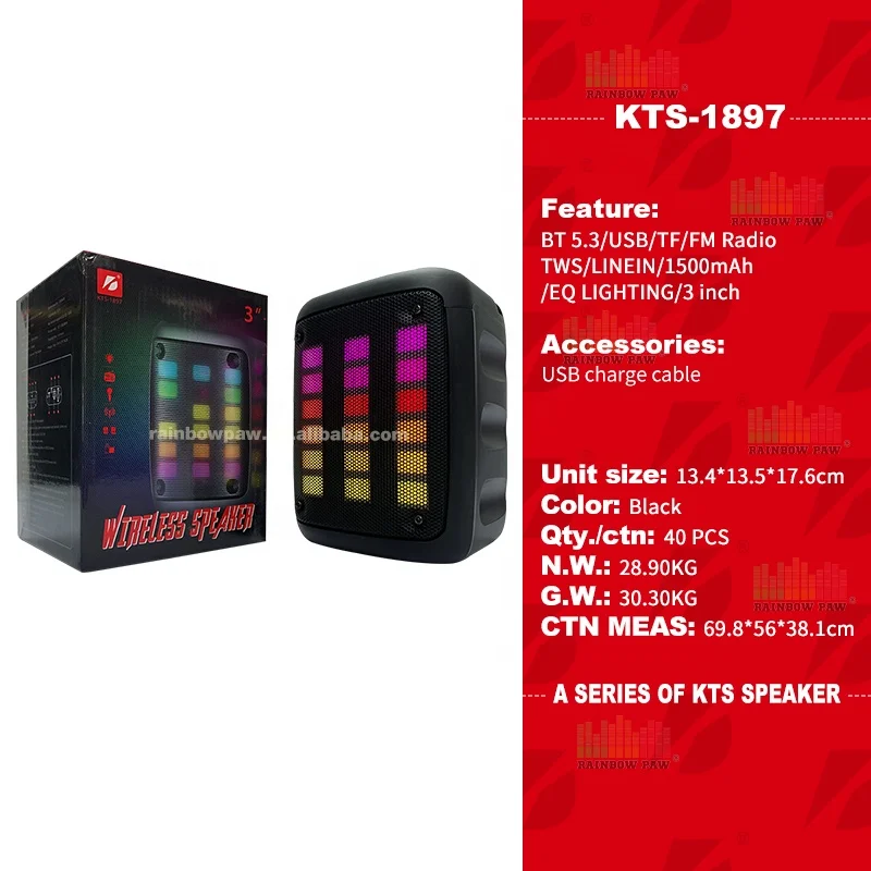 Best quality kts bt 5.0 speaker kts-1897 professional portable outdoor wireless 3 inch mini design speaker with rgb party light
