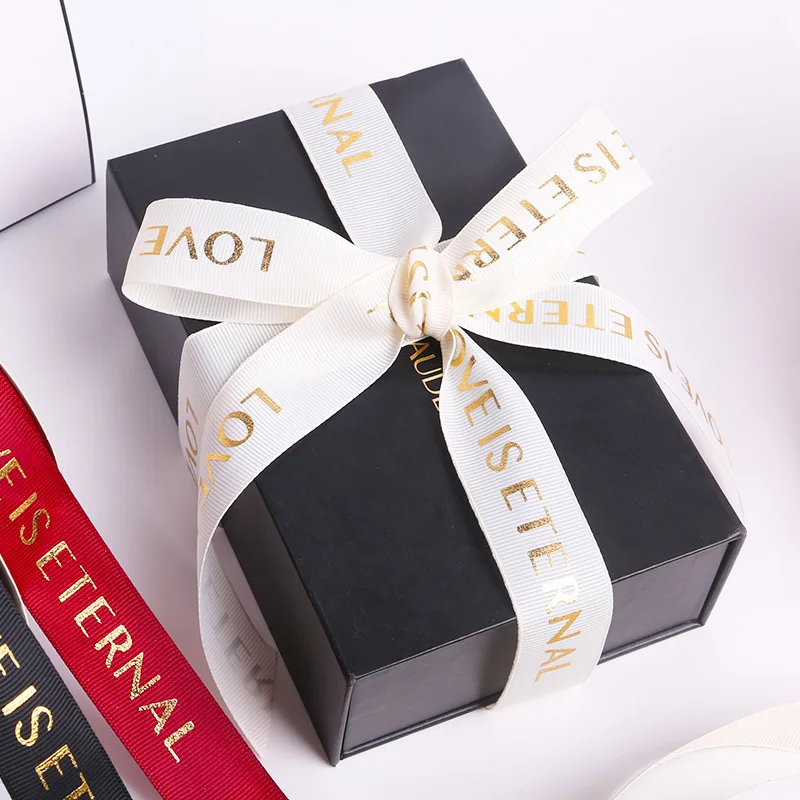 Love is eternal custom gift flower cake package ribbon ,  1inch 25mm customized brand artwork gold foil logo printed ribbon