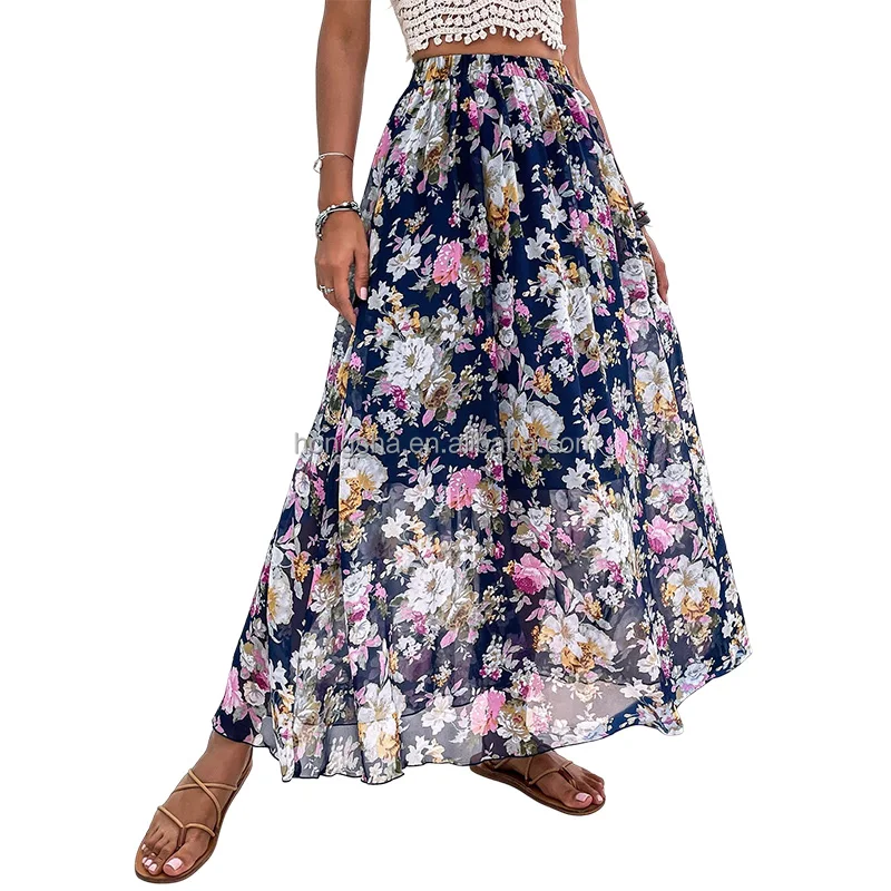 Summer Boho High Waist Floral Ruffle Skirt Holiday Flared Pleated Skirt Chiffon Floral Print Long Skirts For Women Chiffon